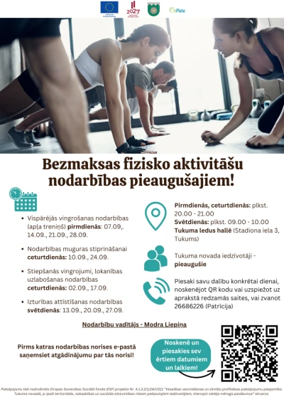 Tukumā sāk bezmaksas fizisko aktivitāšu nodarbības visiem