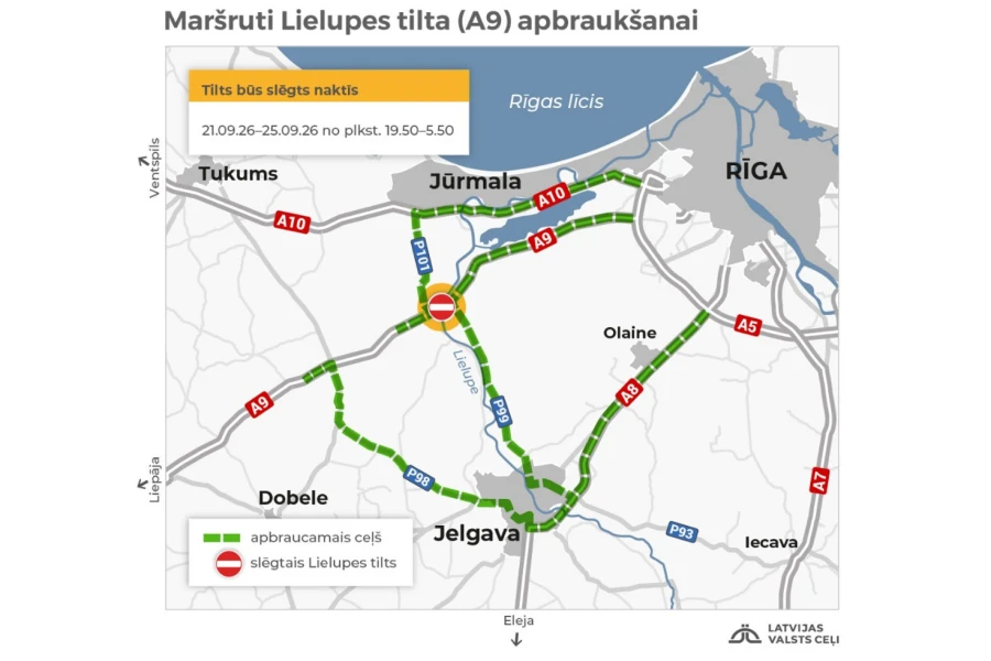 Lielupes tilts uz Liepājas šosejas naktīs būs slēgts