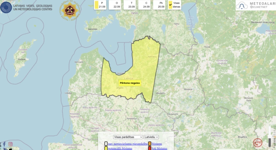 LVĢMC izsludina dzelteno brīdinājumu par spēcīgu negaisu